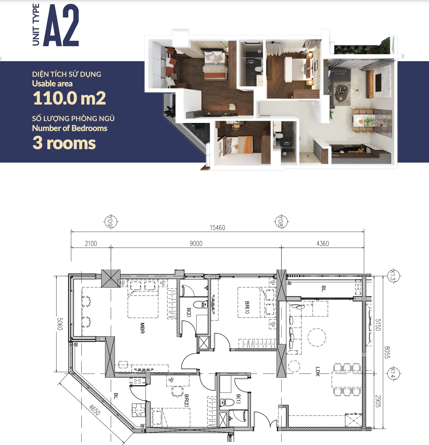 Bản vẽ của căn hộ A2 tại chung cư The Minato Residence